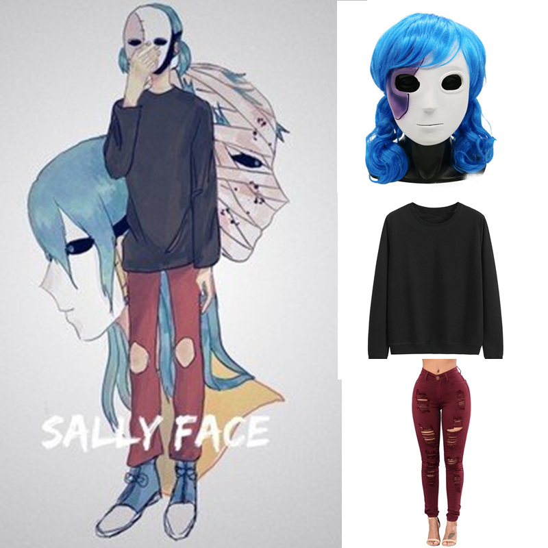 Black Face Mask Pack - サリーフェイスのコスプレ衣装,上質な黒のトップスとクルーネックの完全なセット,赤ワインのスウェットシャツとパンツ,サリーフェイスウィッグ,ラテックスマスク