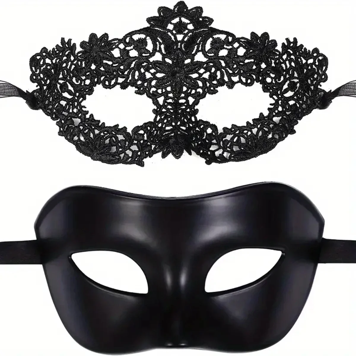 Black Face Mask Pack - カップル用エレガントブラックレースマスカレードマスク2個セット - ベネチアンパーティー、マルディグラ、ハロウィーンのお祝いに最適
